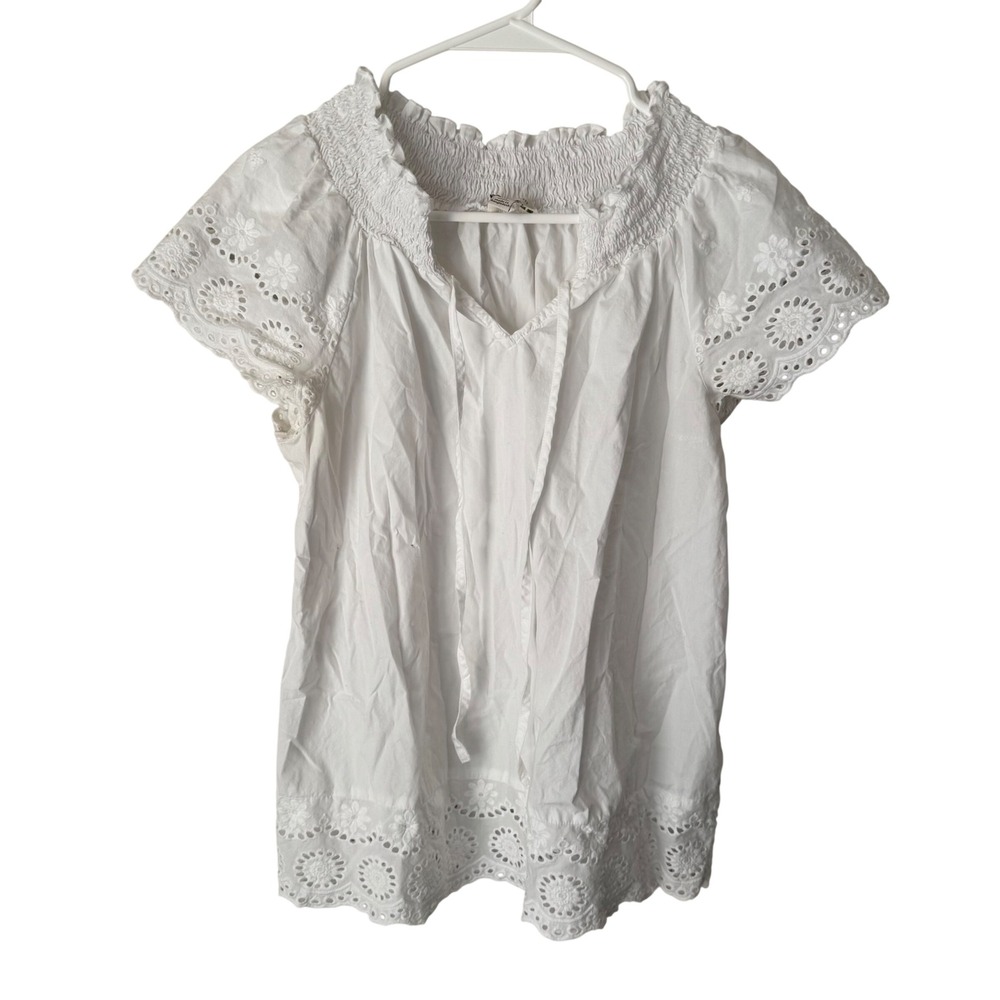 Cato Womens White Eyelet Embroidered Smocked Peasant Blouse Top Medium